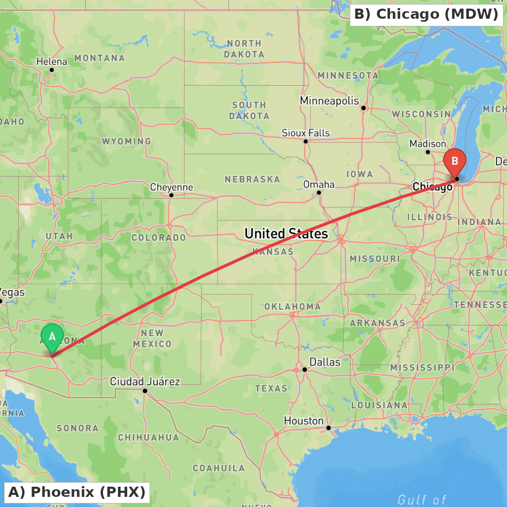 Flight route map from Phoenix to Chicago