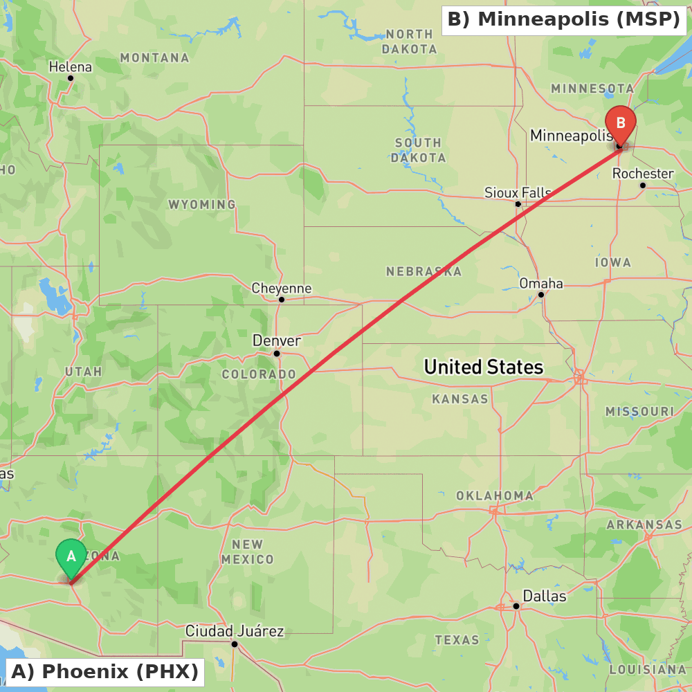 Flight route map from Phoenix to Minneapolis