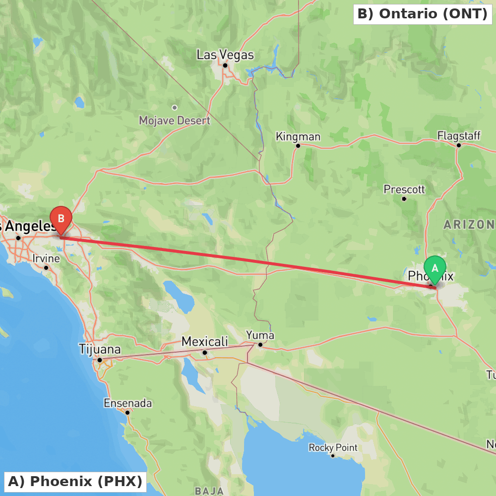 Flight route map from Phoenix to Ontario