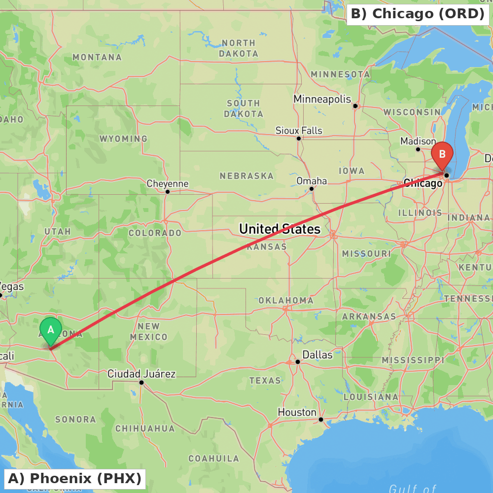 Flight route map from Phoenix to Chicago