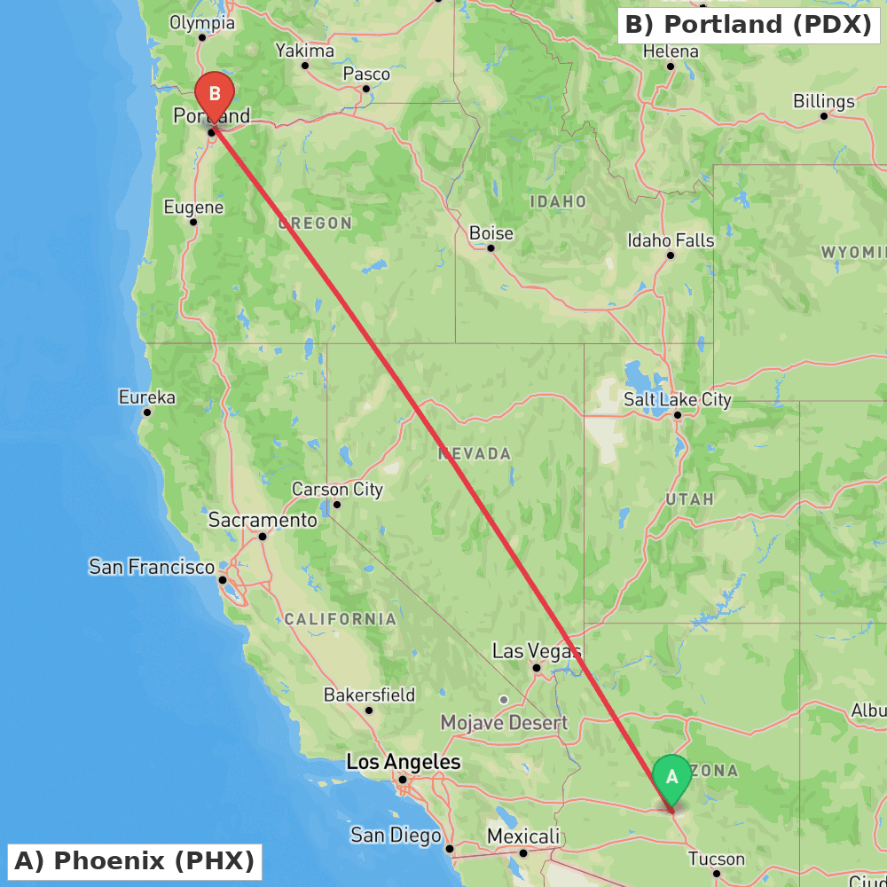 Flight route map from Phoenix to Portland