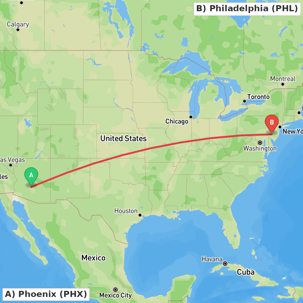 Flight route map from Phoenix to Philadelphia