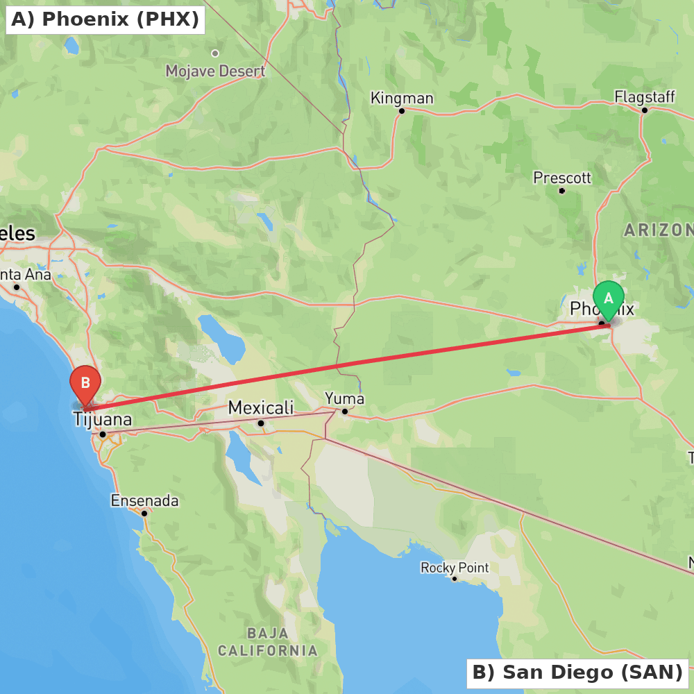 Flight route map from Phoenix to San Diego