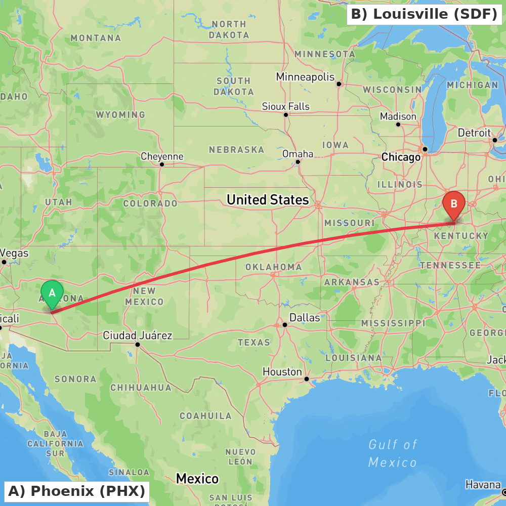 Flight route map from Phoenix to Louisville