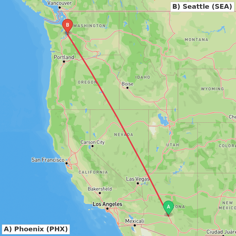 Flight route map from Phoenix to Seattle