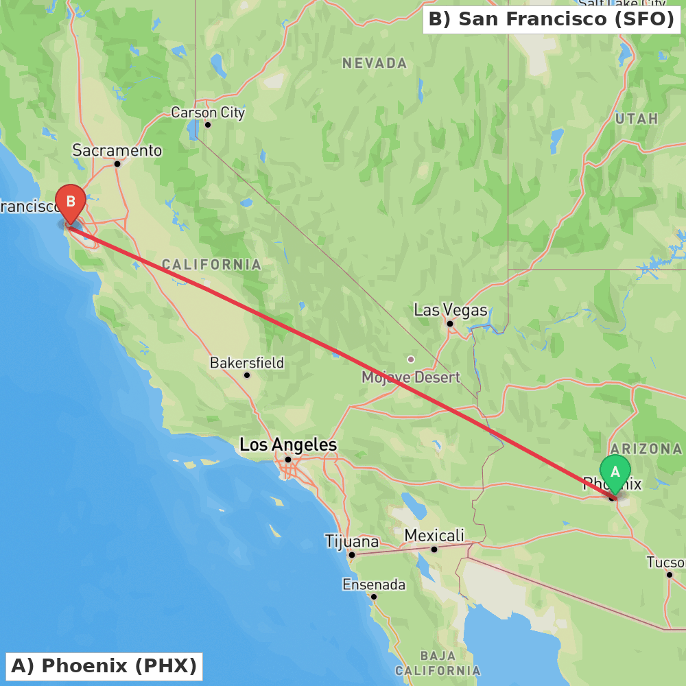 Flight route map from Phoenix to San Francisco