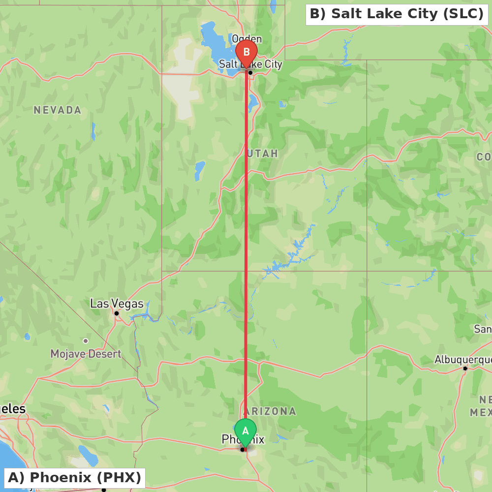 Flight route map from Phoenix to Salt Lake City