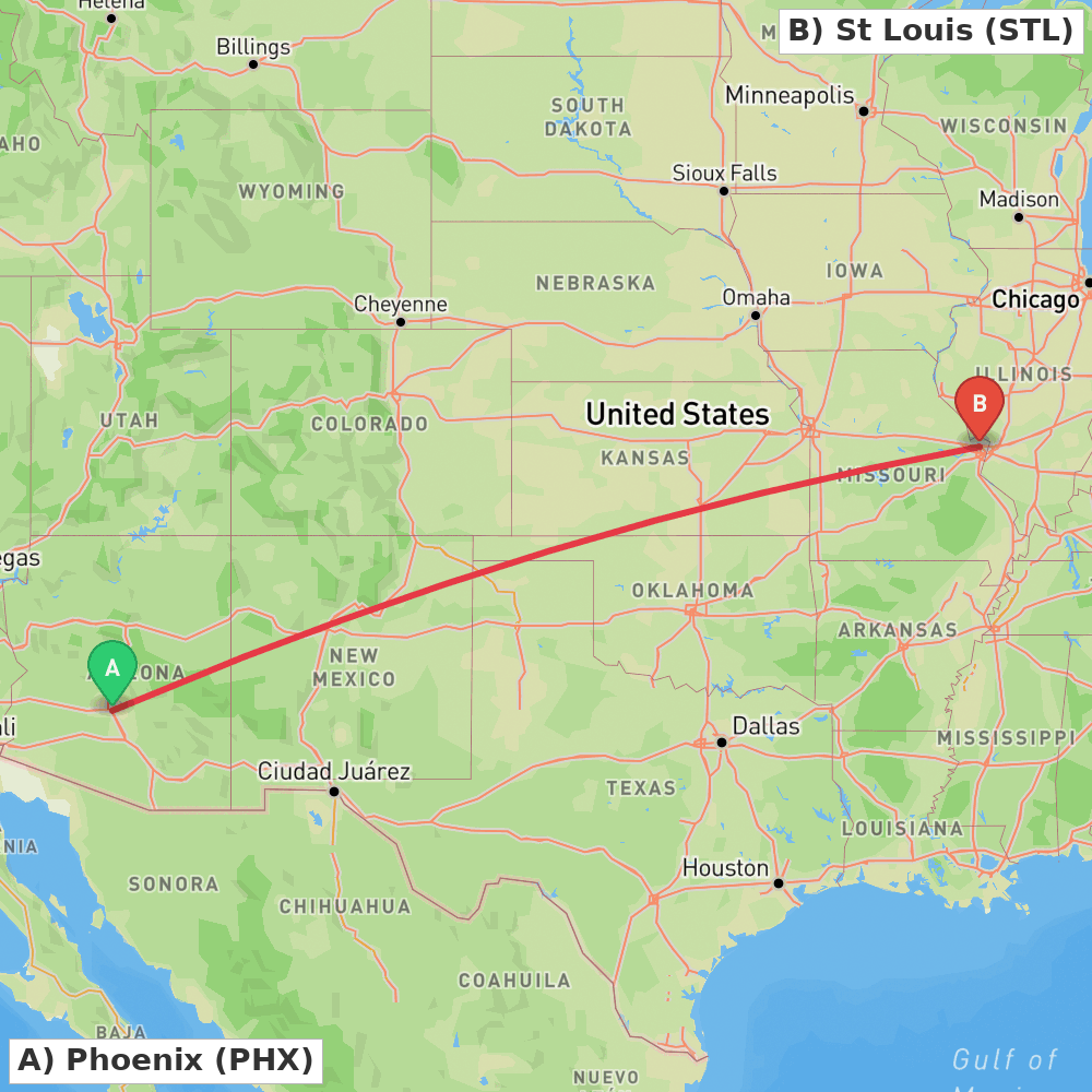 Flight route map from Phoenix to St Louis
