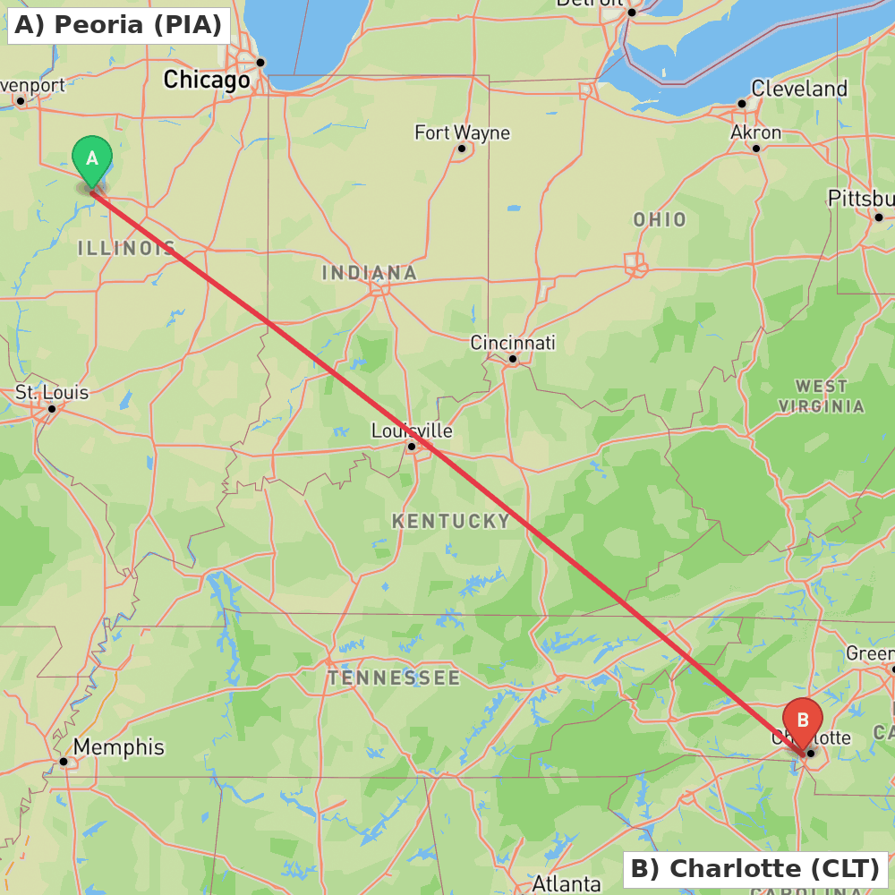 Flight route map from Peoria to Charlotte