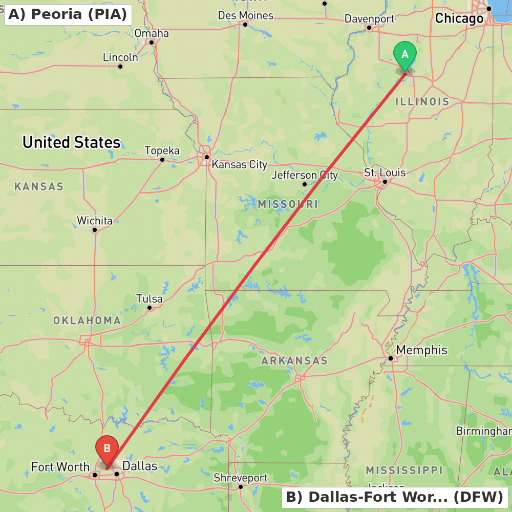 Flight route map from Peoria to Dallas-Fort Worth