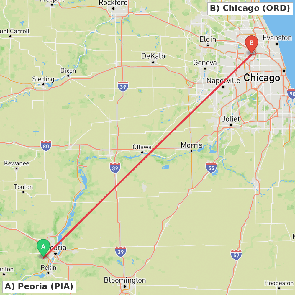 Flight route map from Peoria to Chicago