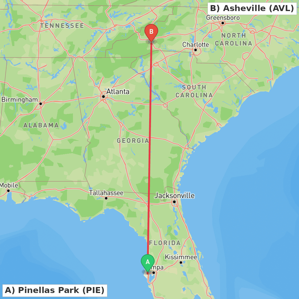 Flight route map from Pinellas Park to Asheville