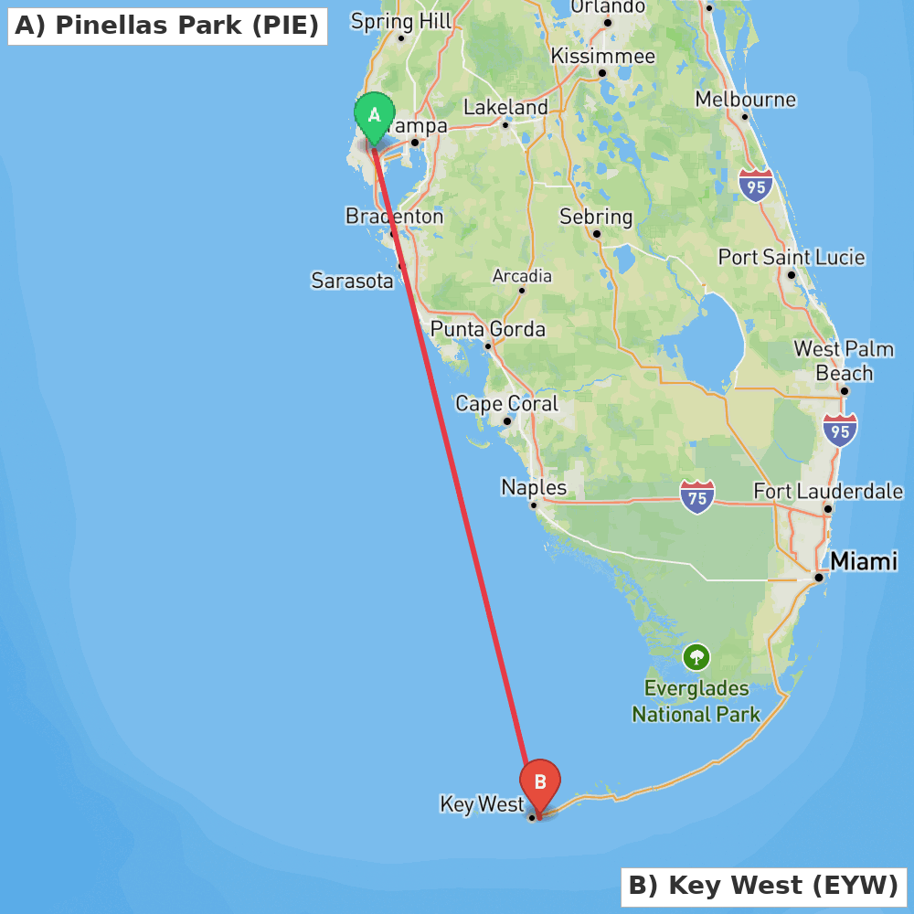 Flight route map from Pinellas Park to Key West