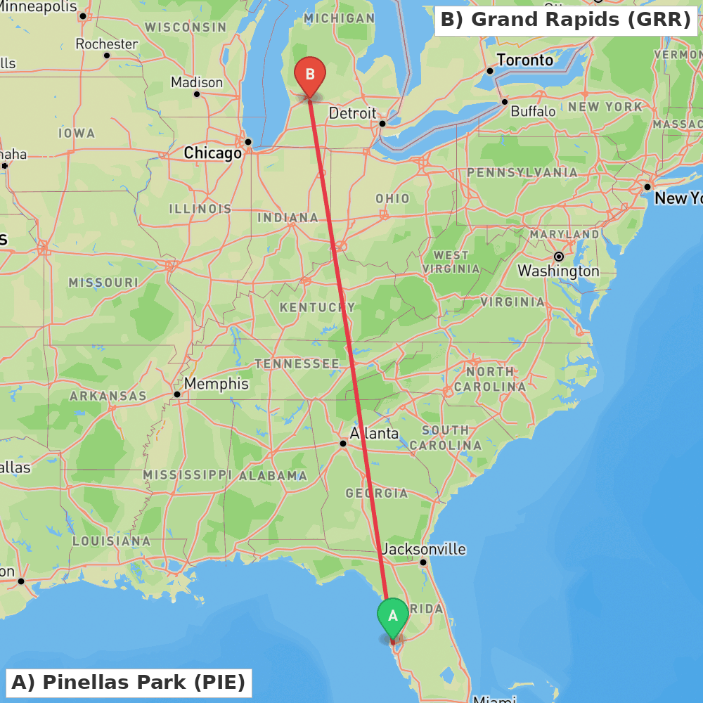 Flight route map from Pinellas Park to Grand Rapids
