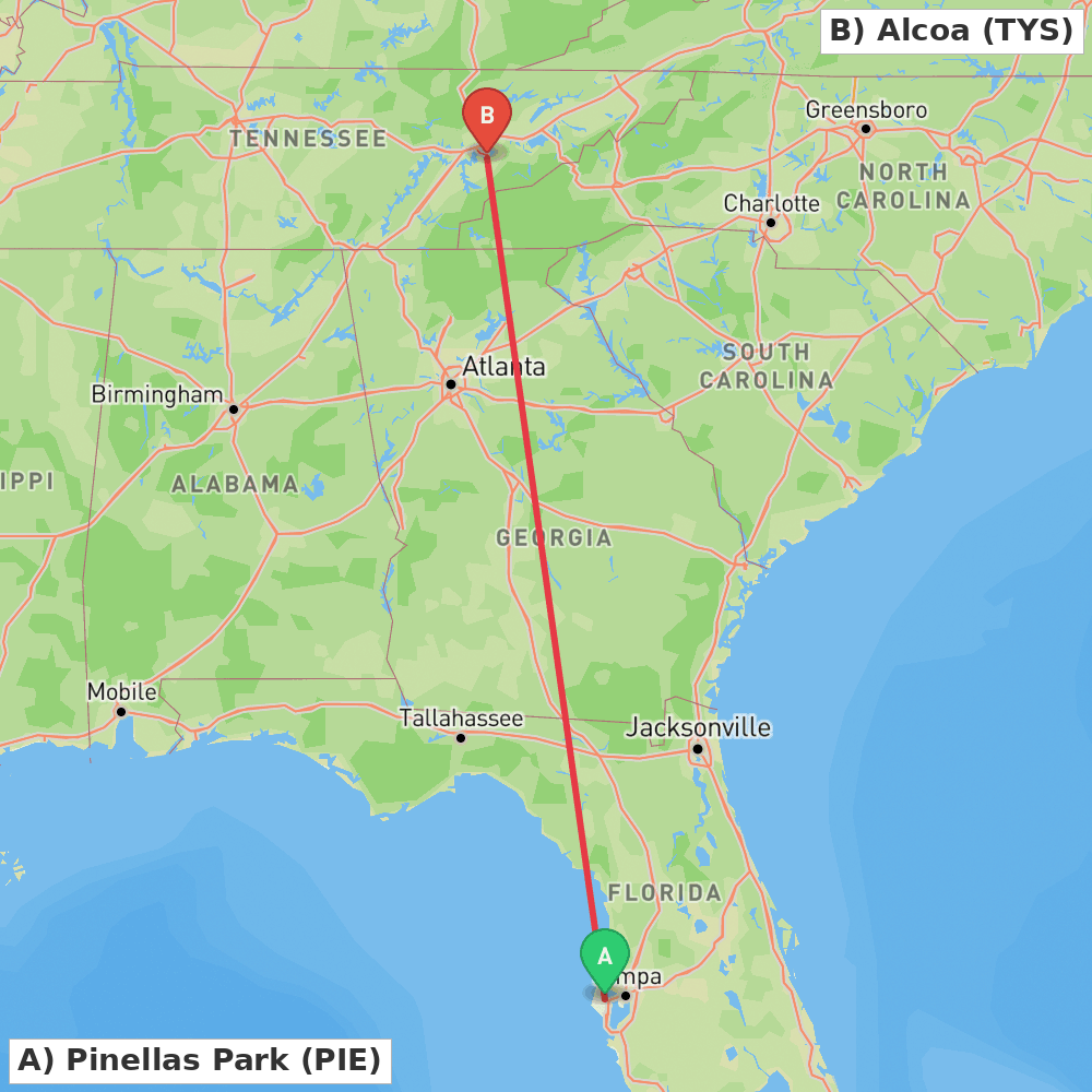Flight route map from Pinellas Park to Alcoa