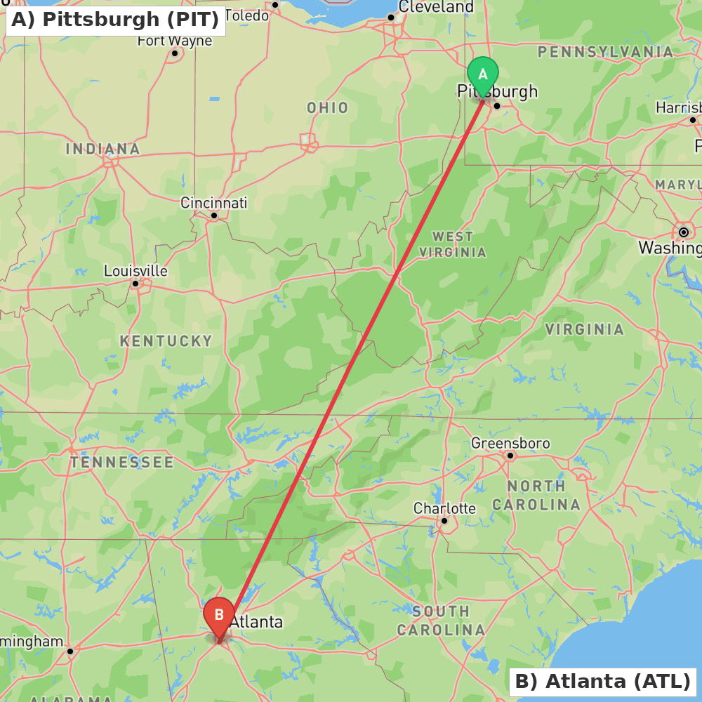 Flight route map from Pittsburgh to Atlanta
