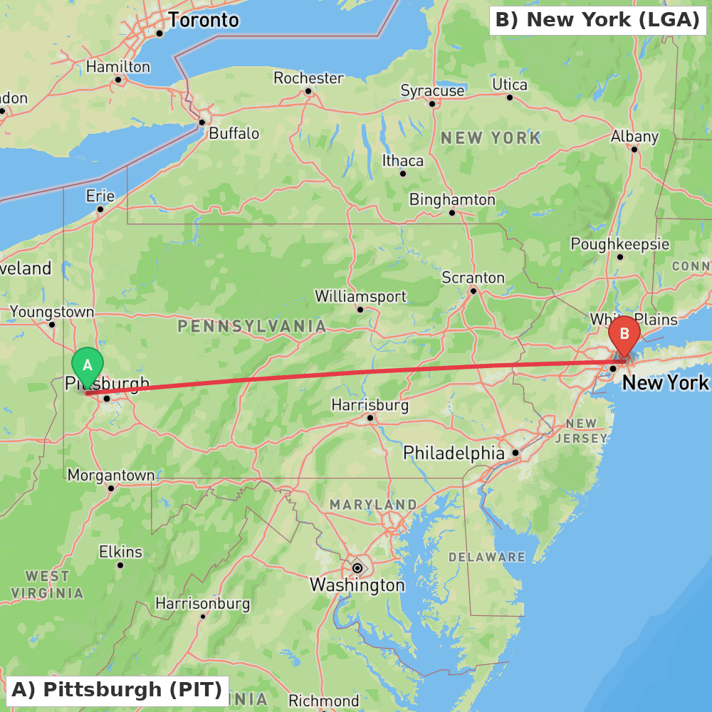 Flight route map from Pittsburgh to New York