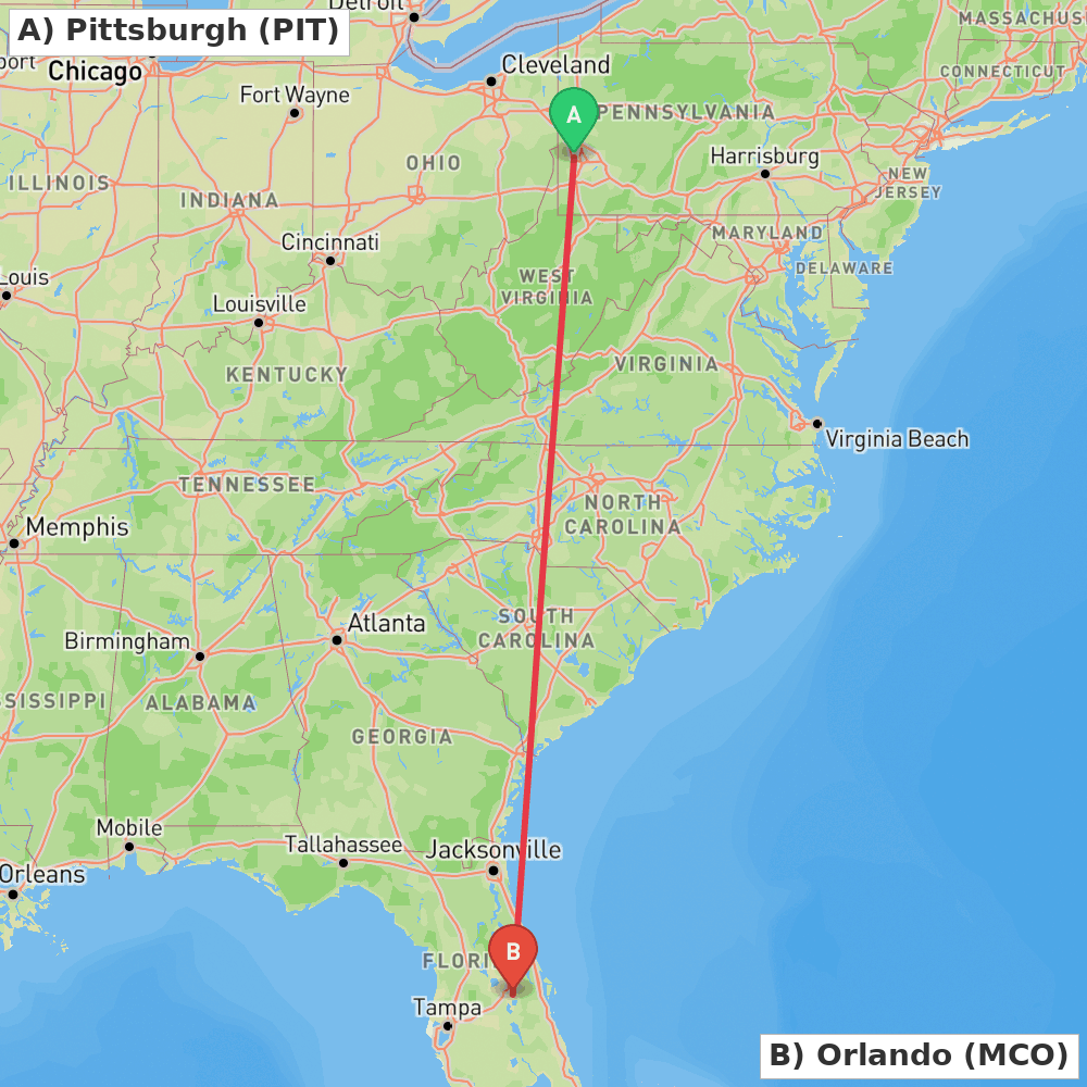 Flight route map from Pittsburgh to Orlando