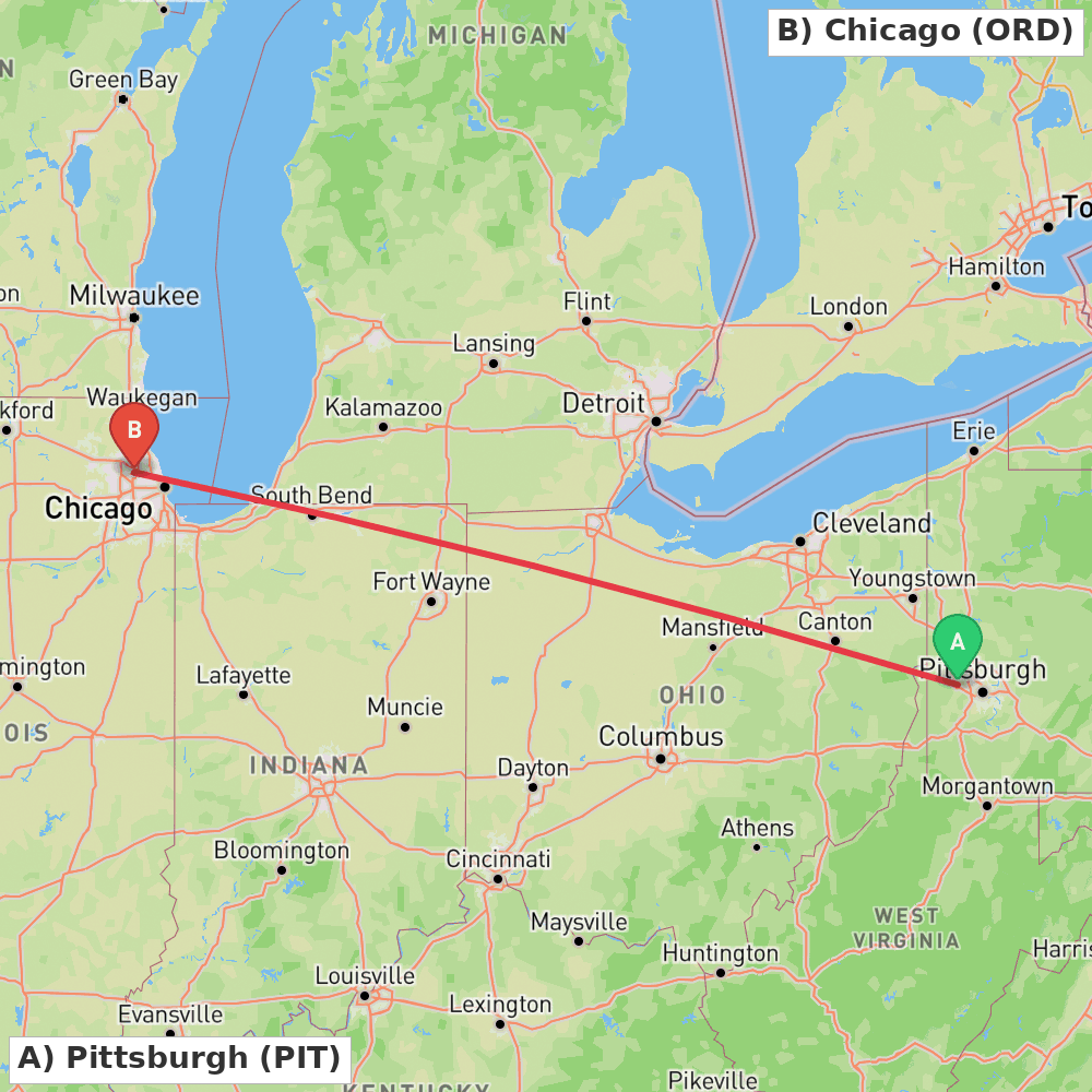 Flight route map from Pittsburgh to Chicago