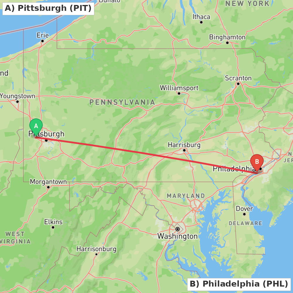 Flight route map from Pittsburgh to Philadelphia