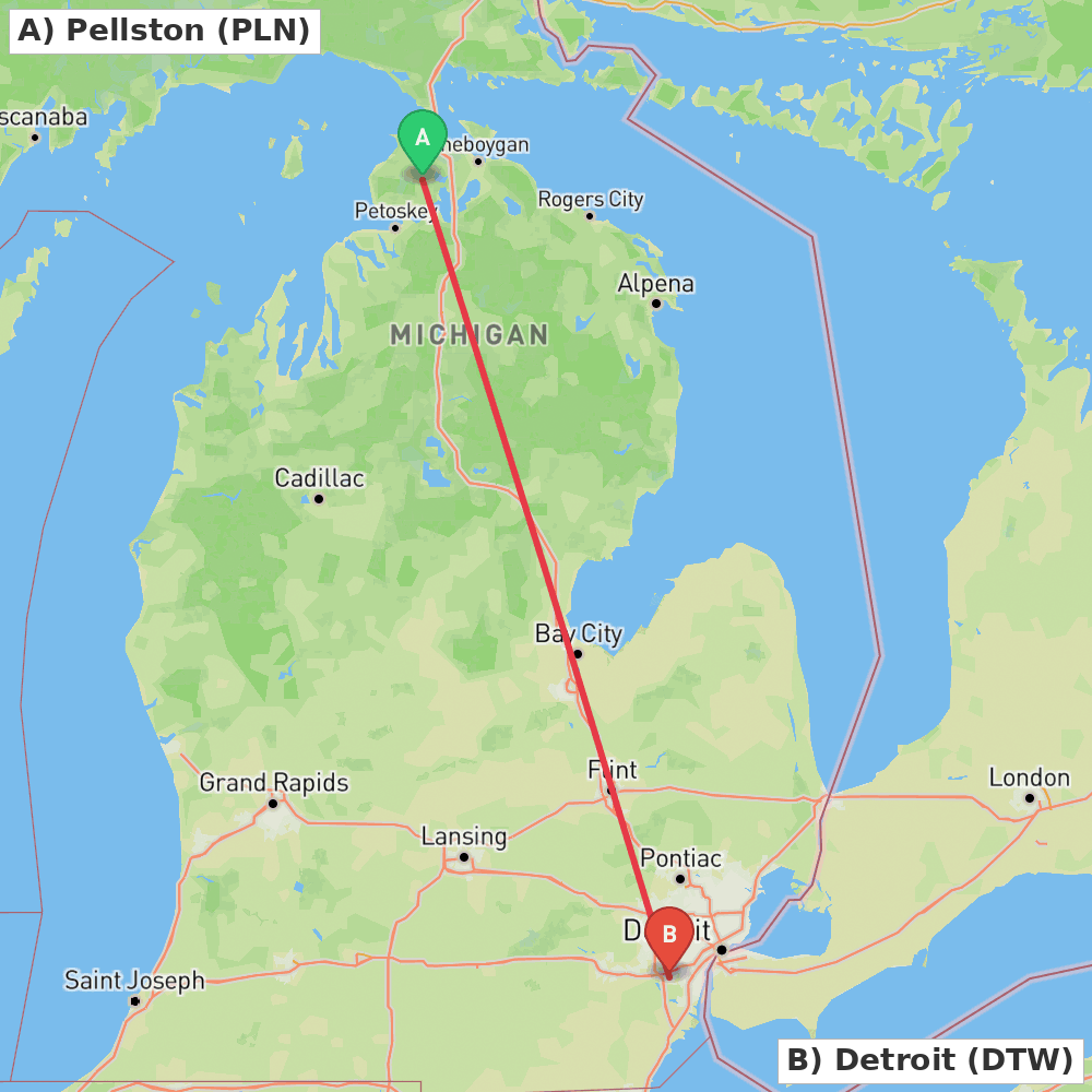 Flight route map from Pellston to Detroit