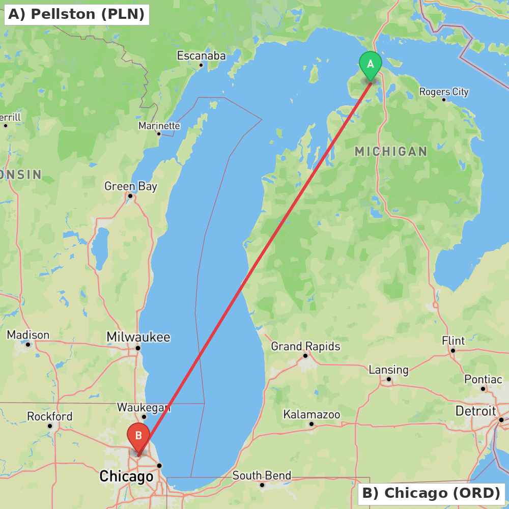 Flight route map from Pellston to Chicago