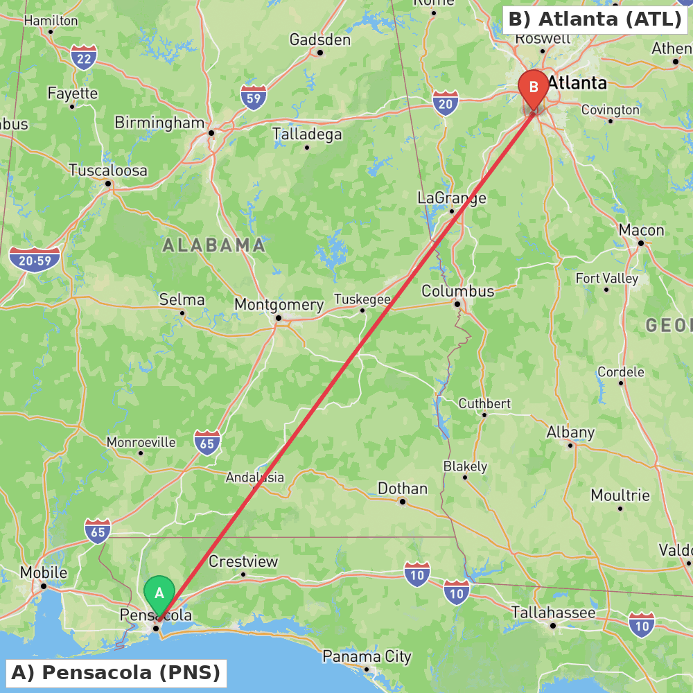 Flight route map from Pensacola to Atlanta