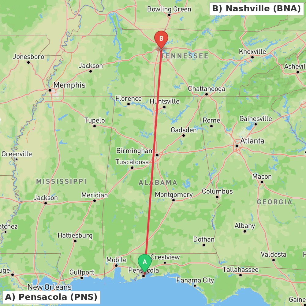 Flight route map from Pensacola to Nashville