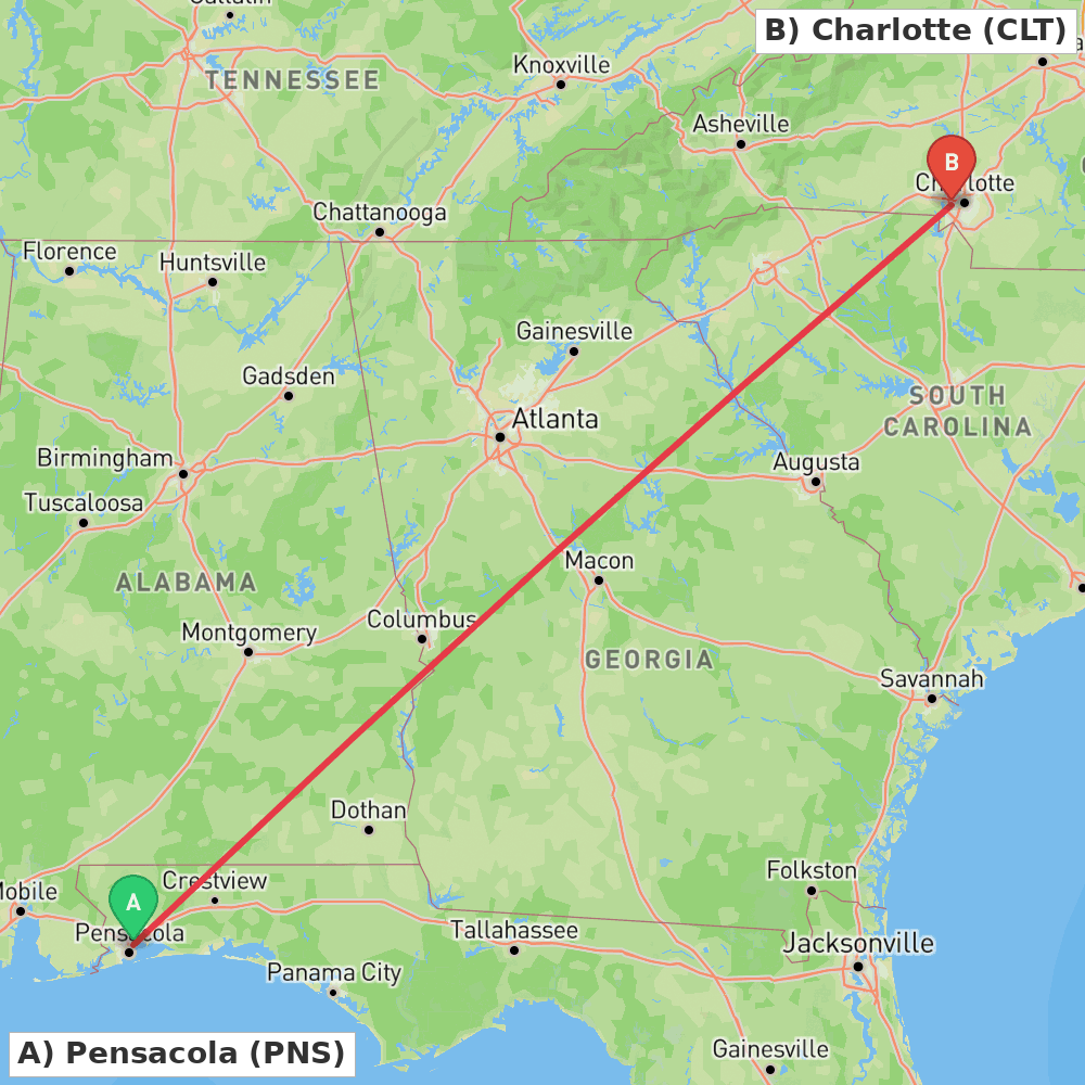 Flight route map from Pensacola to Charlotte