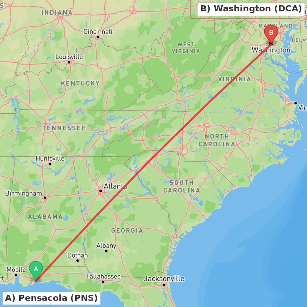 Flight route map from Pensacola to Washington