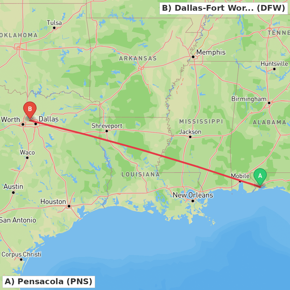 Flight route map from Pensacola to Dallas-Fort Worth