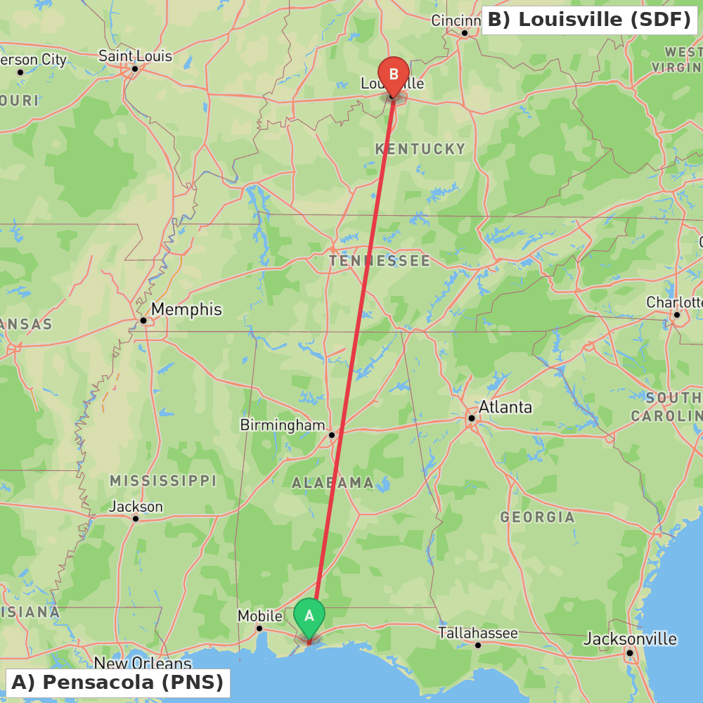 Flight route map from Pensacola to Louisville