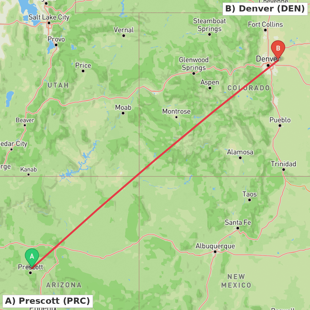 Flight route map from Prescott to Denver
