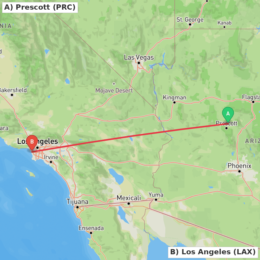 Flight route map from Prescott to Los Angeles