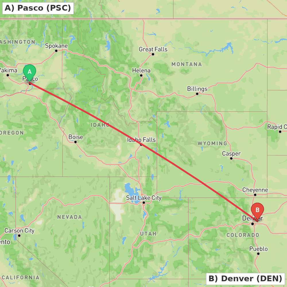 Flight route map from Pasco to Denver