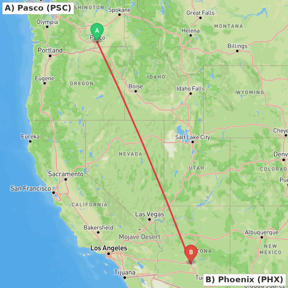 Flight route map from Pasco to Phoenix