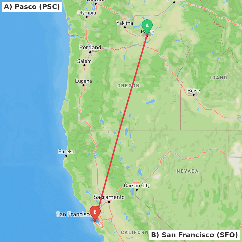 Flight route map from Pasco to San Francisco