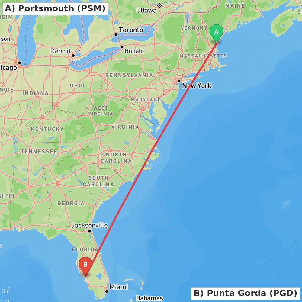 Flight route map from Portsmouth to Punta Gorda