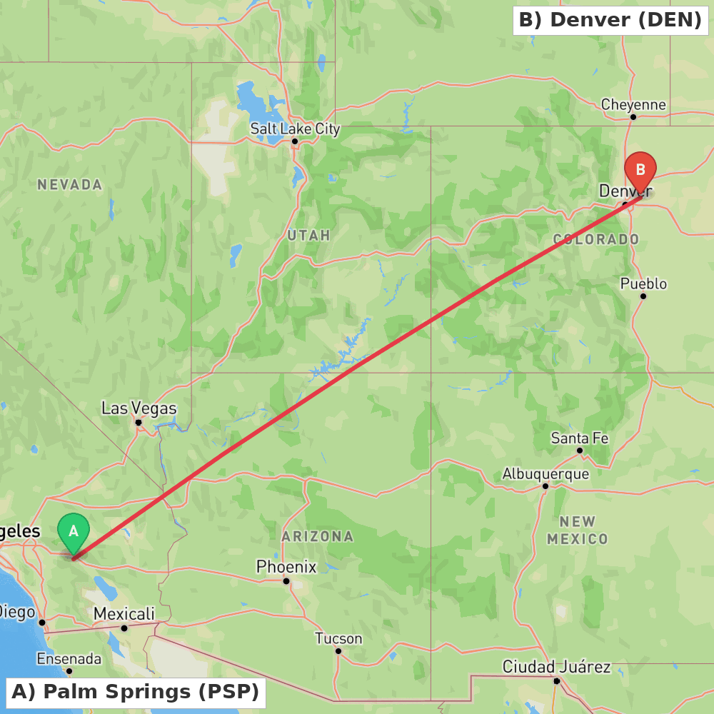 Flight route map from Palm Springs to Denver