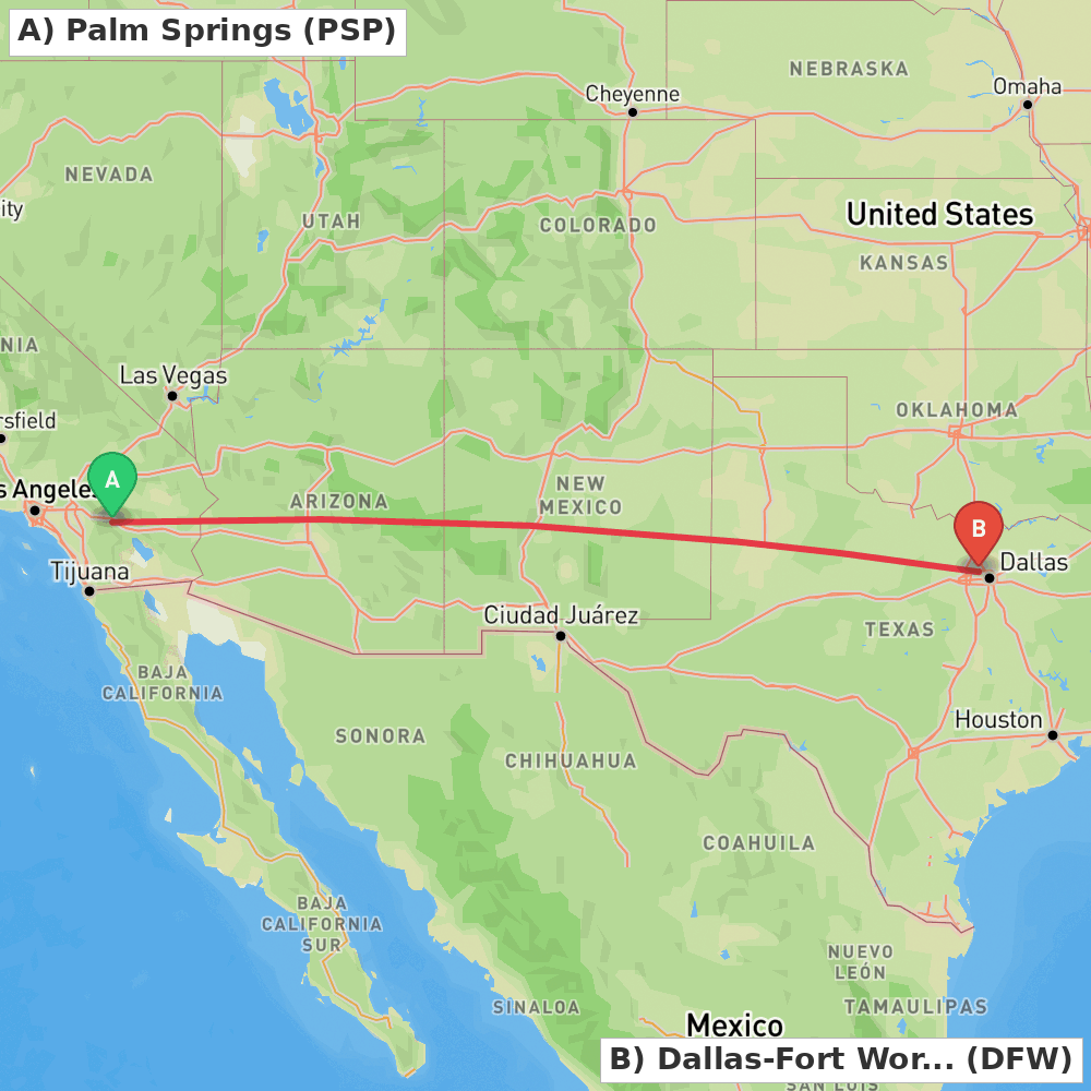Flight route map from Palm Springs to Dallas-Fort Worth