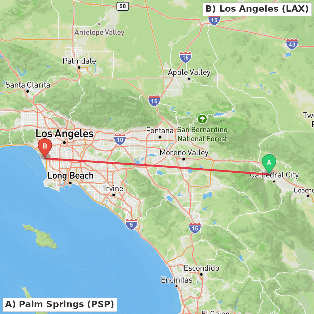 Flight route map from Palm Springs to Los Angeles
