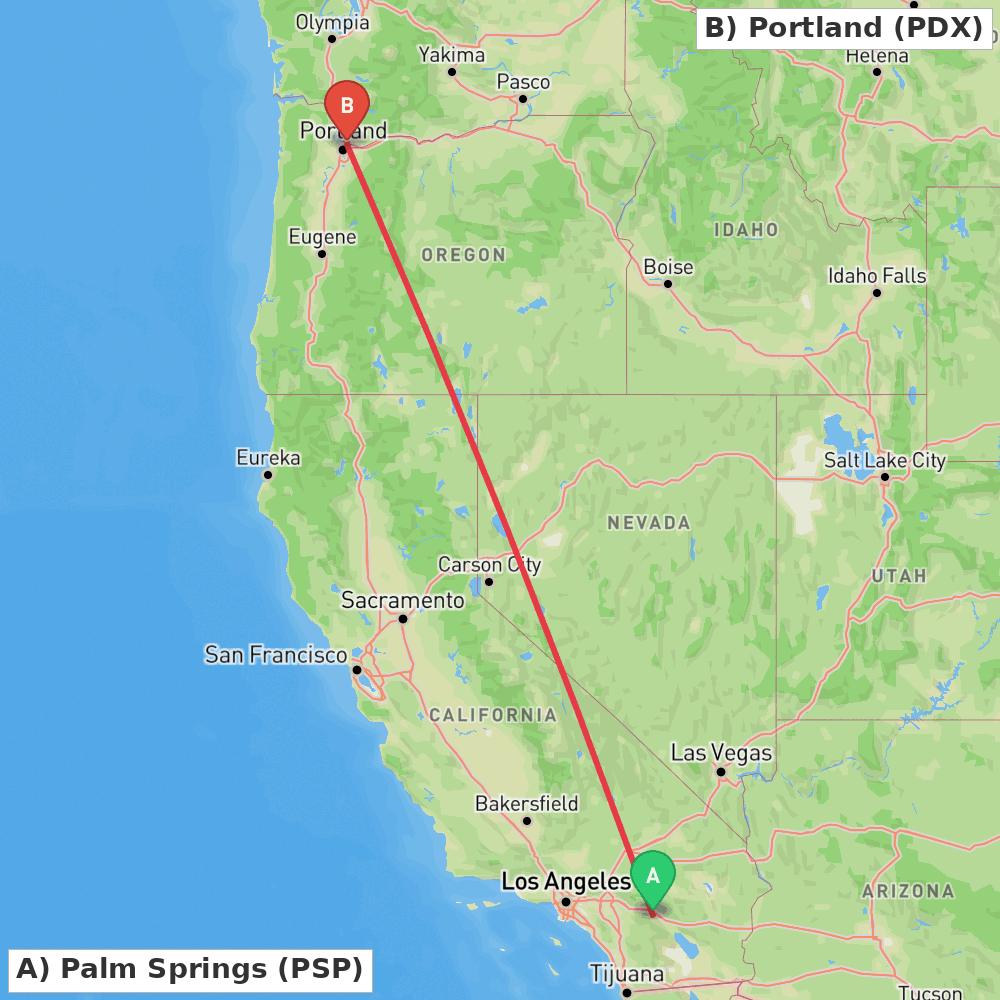Flight route map from Palm Springs to Portland