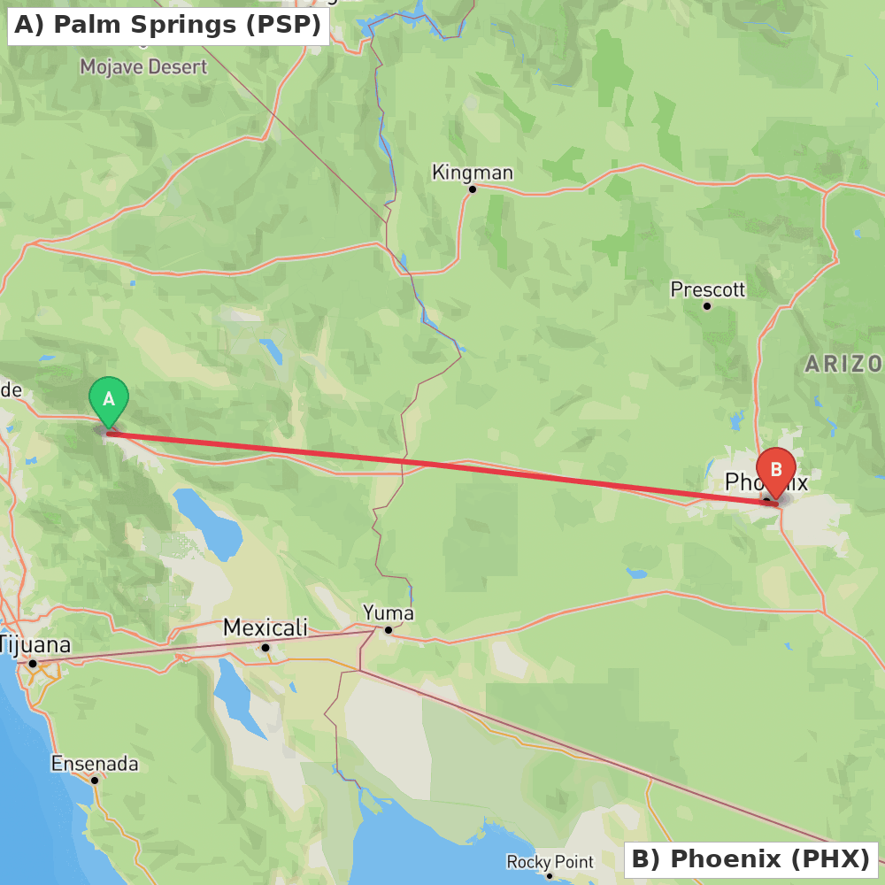 Flight route map from Palm Springs to Phoenix