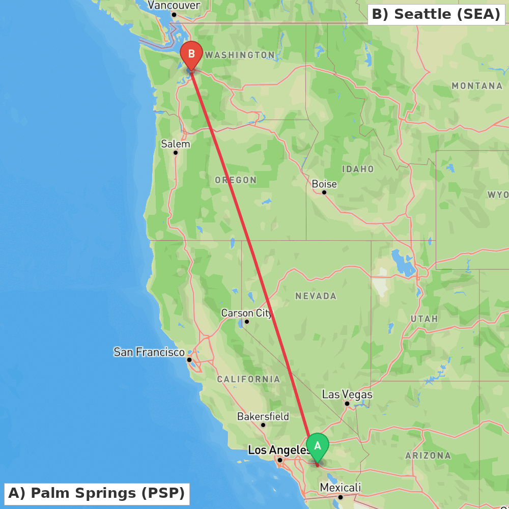 Flight route map from Palm Springs to Seattle