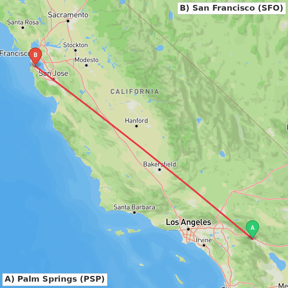 Flight route map from Palm Springs to San Francisco