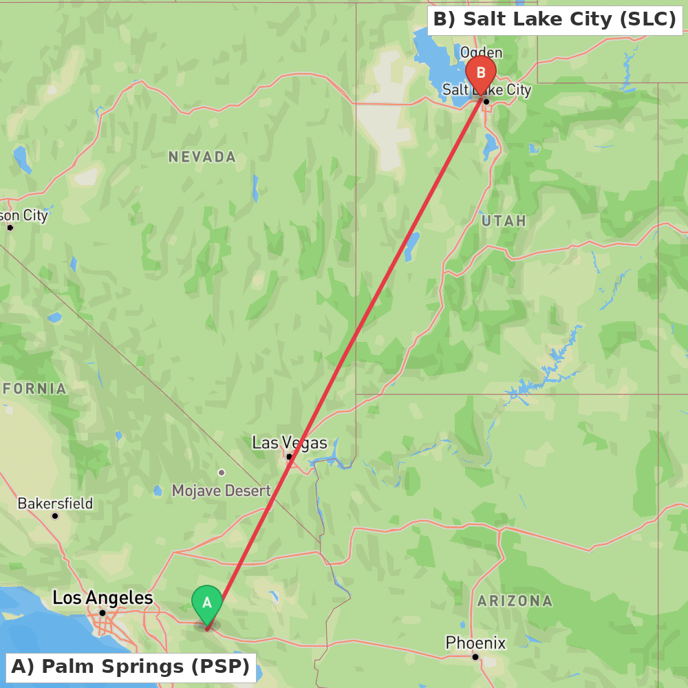 Flight route map from Palm Springs to Salt Lake City