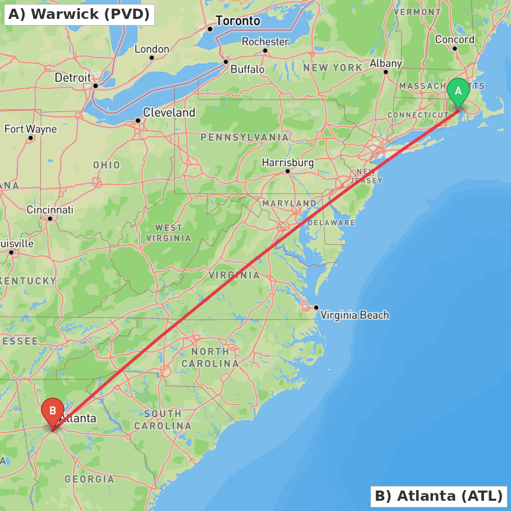 Flight route map from Warwick to Atlanta