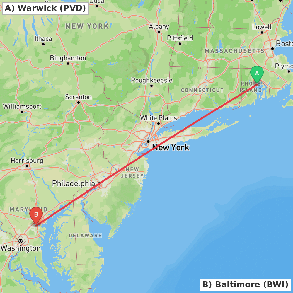 Flight route map from Warwick to Baltimore