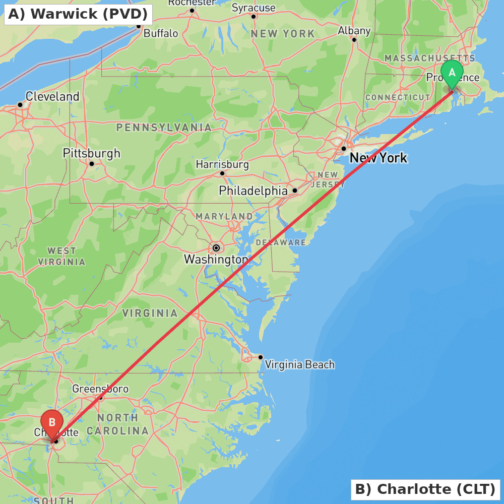 Flight route map from Warwick to Charlotte