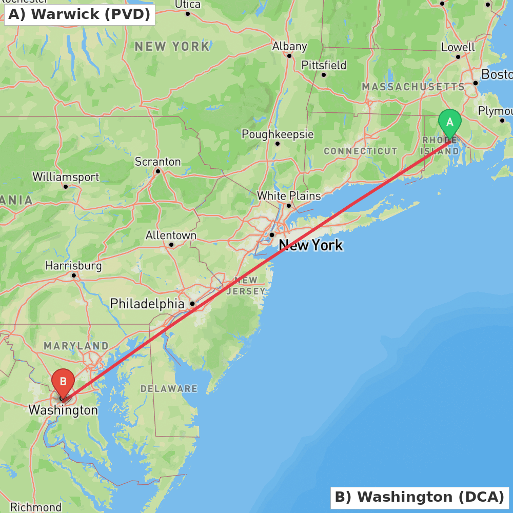 Flight route map from Warwick to Washington